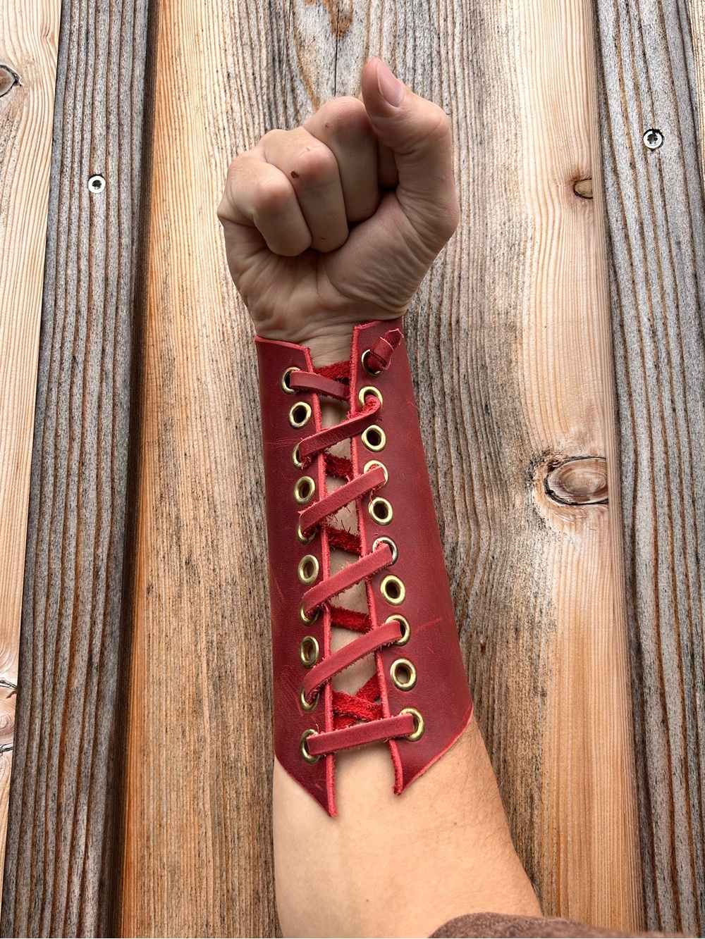 Red Leather Lace-Up Bracers - Renaissance Faire